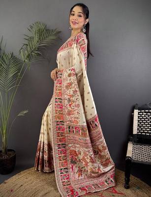 White floral zari silk blend paithani saree 2