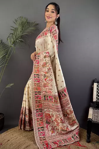 White floral zari silk blend paithani saree