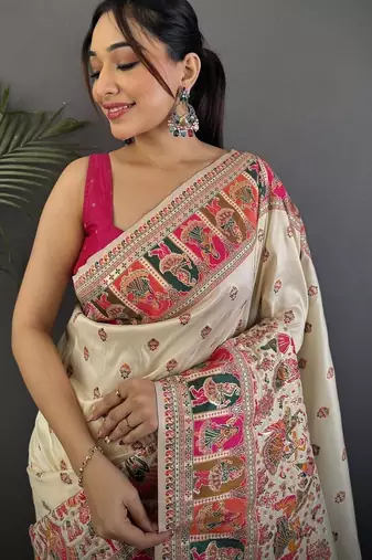 White floral zari silk blend paithani saree