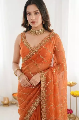 Orange embellished sequinned satin heavy work saree