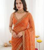 Orange embellished sequinned satin heavy work saree