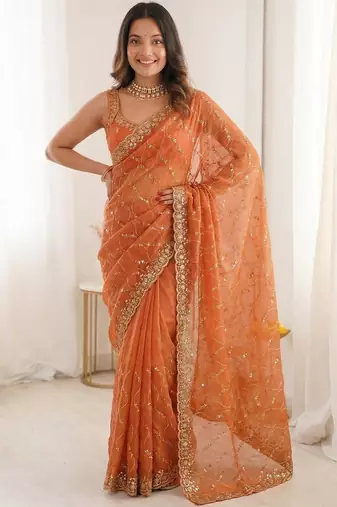 Orange embellished sequinned satin heavy work saree