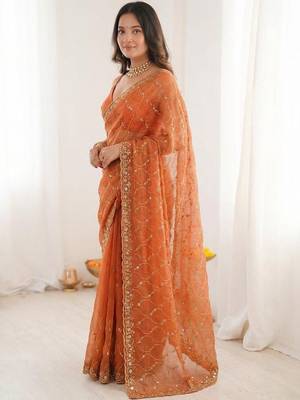 Orange embellished sequinned satin heavy work saree 3