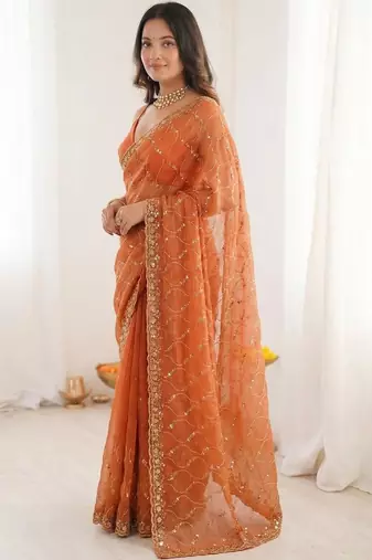 Orange embellished sequinned satin heavy work saree