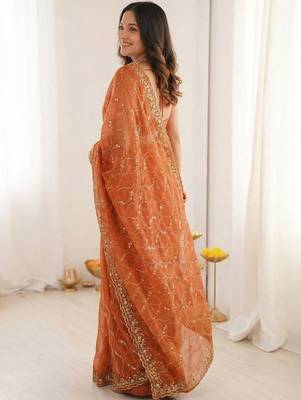 Orange embellished sequinned satin heavy work saree 4