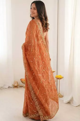 Orange embellished sequinned satin heavy work saree