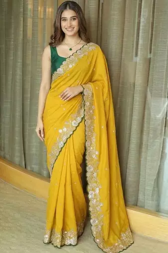 Yellow ethnic motifs embroidered pure chiffon saree