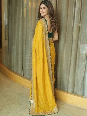 Yellow ethnic motifs embroidered pure chiffon saree 4