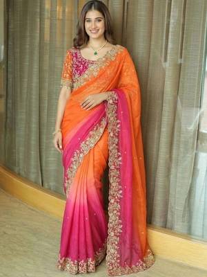 Multicolor ombre embroidered satin saree 1