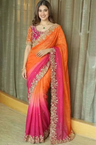 Multicolor ombre embroidered satin saree