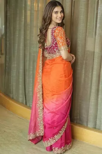 Multicolor ombre embroidered satin saree
