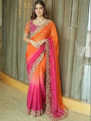 Multicolor ombre embroidered satin saree 3