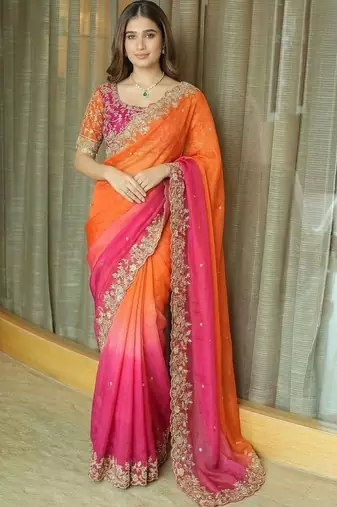 Multicolor ombre embroidered satin saree