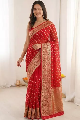 Red ethnic motifs zari silk blend heavy work saree