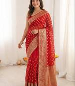 Red ethnic motifs zari silk blend heavy work saree