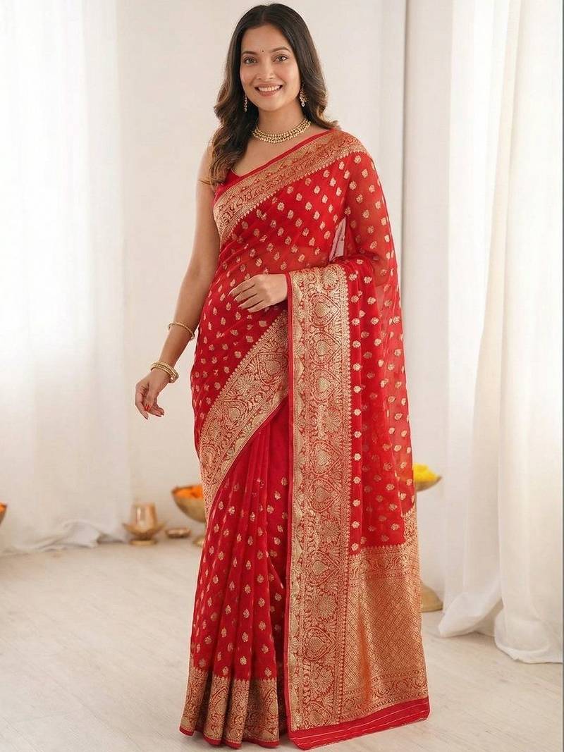 Red ethnic motifs zari silk blend heavy work saree