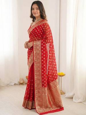 Red ethnic motifs zari silk blend heavy work saree 2