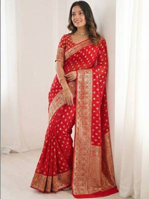 Red ethnic motifs zari silk blend heavy work saree 3