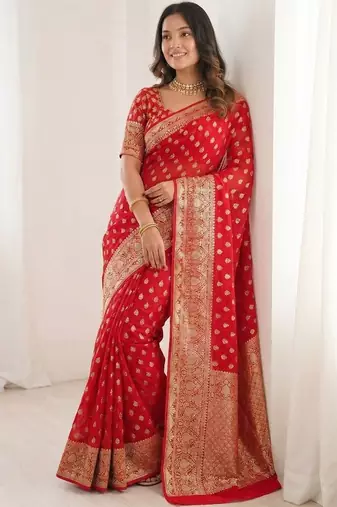 Red ethnic motifs zari silk blend heavy work saree