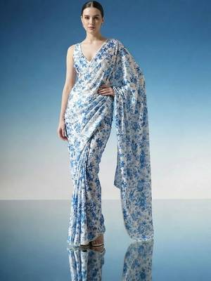 White ready to wear floral satin block print saree 1