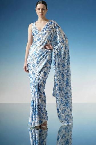 White ready to wear floral satin block print saree