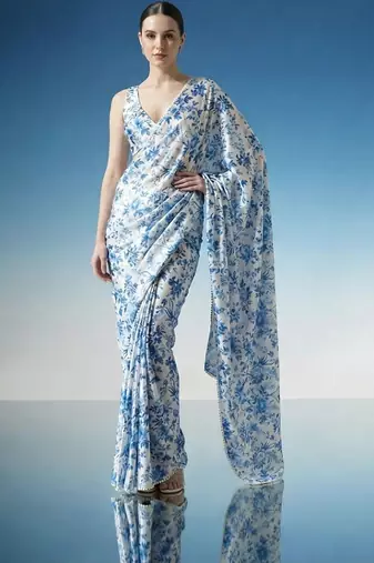 White ready to wear floral satin block print saree