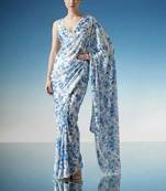White ready to wear floral satin block print saree