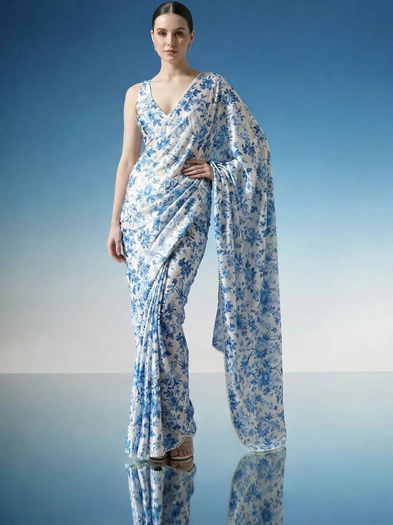 White ready to wear floral satin block print saree