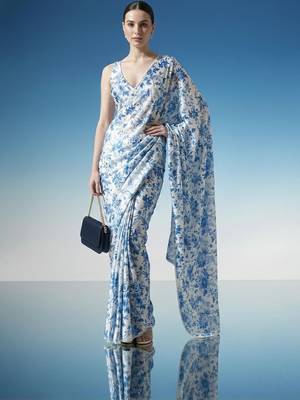 White ready to wear floral satin block print saree 2