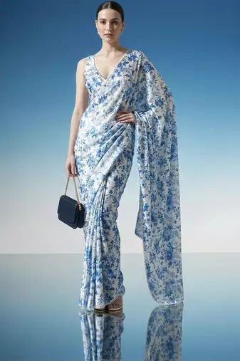 White ready to wear floral satin block print saree