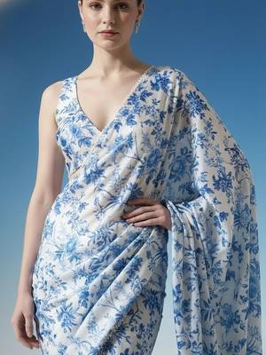 White ready to wear floral satin block print saree 3