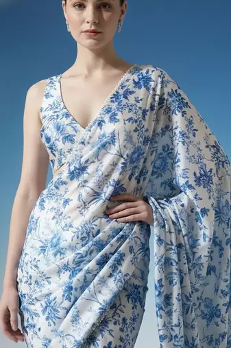 White ready to wear floral satin block print saree