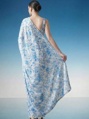 White ready to wear floral satin block print saree 4