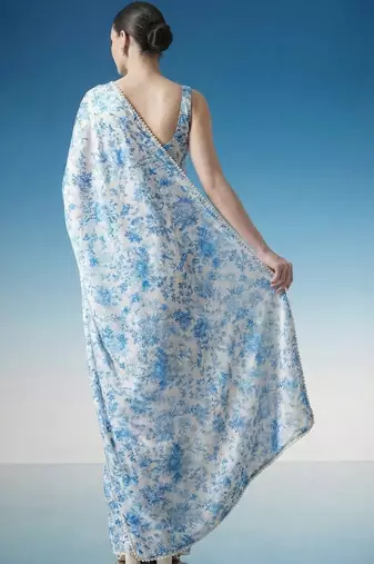 White ready to wear floral satin block print saree