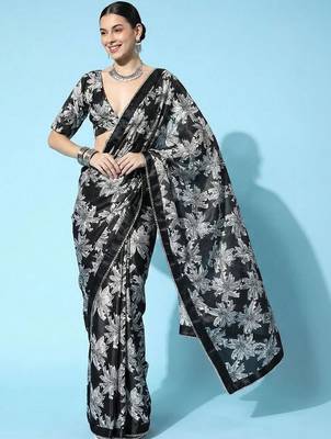 black ready to wear floral satin block print saree 1