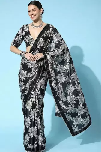 black ready to wear floral satin block print saree