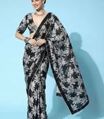 black ready to wear floral satin block print saree