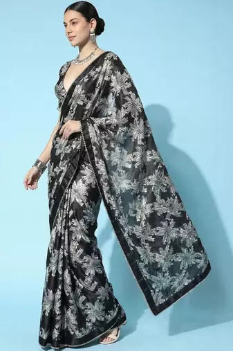 black ready to wear floral satin block print saree