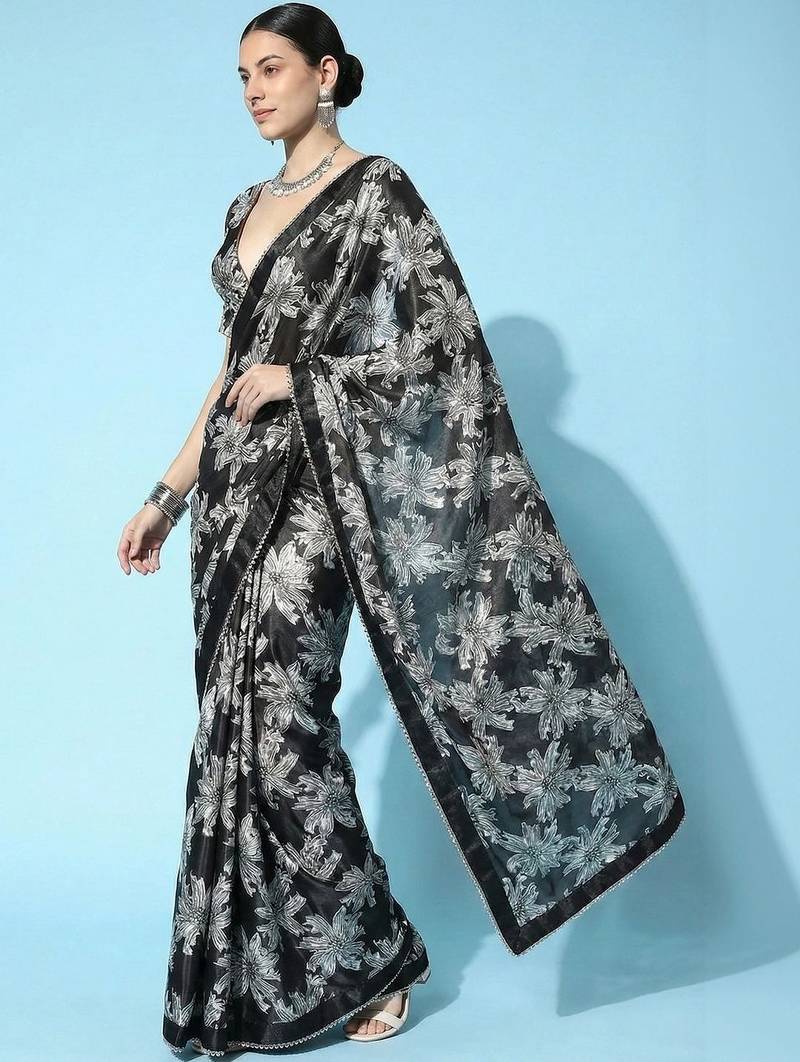 black ready to wear floral satin block print saree