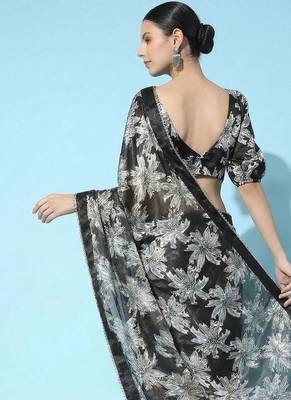 black ready to wear floral satin block print saree 3