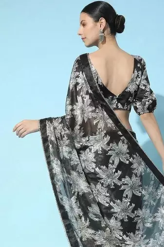 black ready to wear floral satin block print saree
