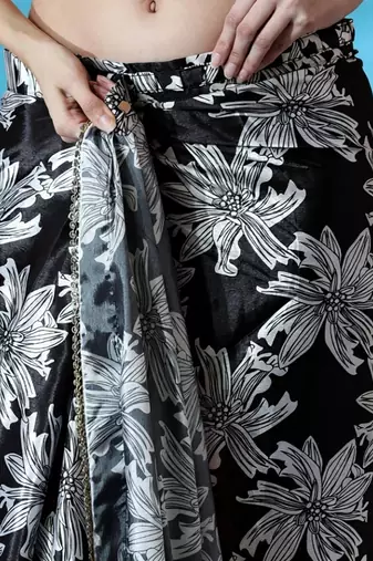 black ready to wear floral satin block print saree