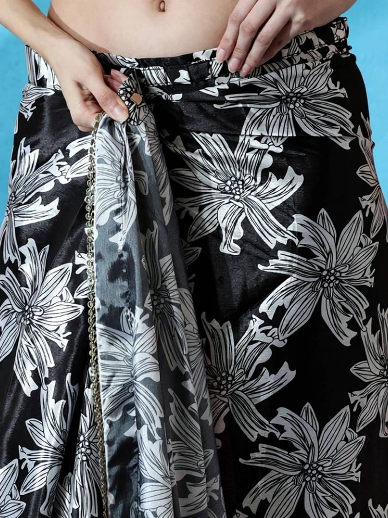 black ready to wear floral satin block print saree