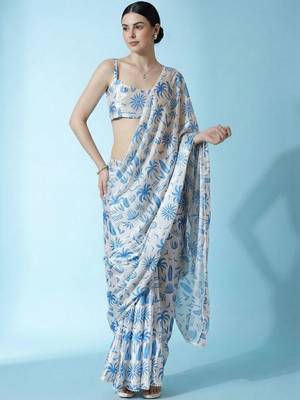 Off white ready to wear floral satin block print saree 1