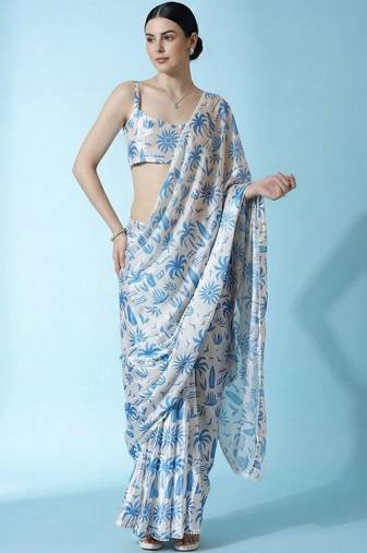Off white ready to wear floral satin block print saree