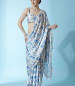 Off white ready to wear floral satin block print saree