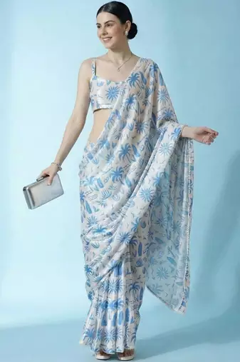 Off white ready to wear floral satin block print saree