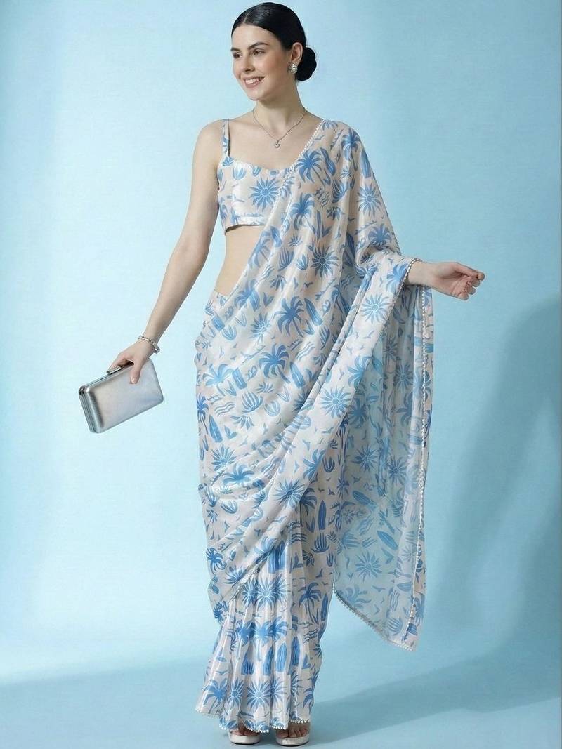 Off white ready to wear floral satin block print saree