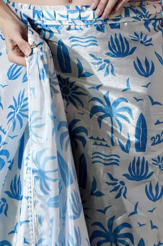 Off white ready to wear floral satin block print saree