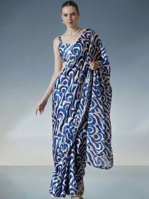 blue ready to wear satin designer block print saree 1